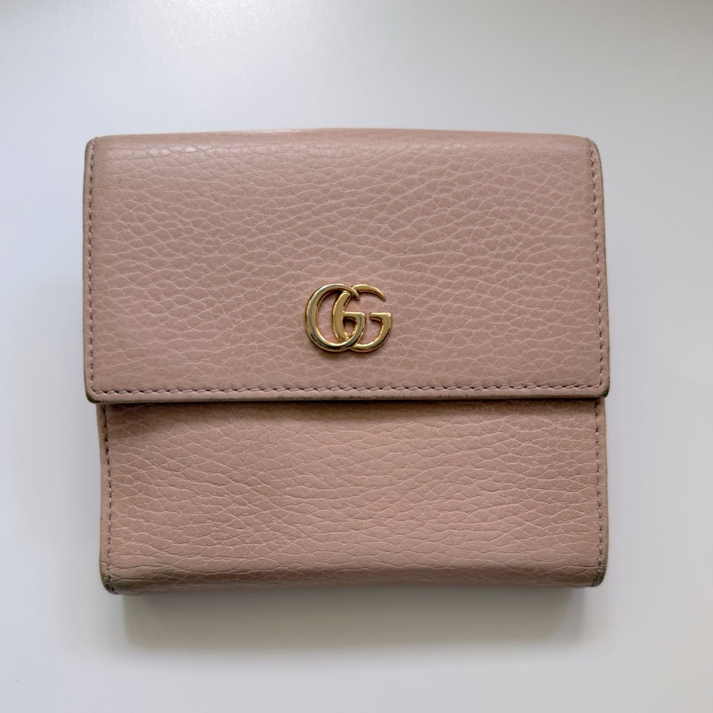 Authentic GUCCI GG Marmont Tri-fold Wallet Leather Pink Beige COA included